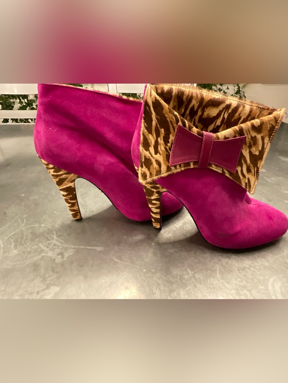 Betsey Johnson Fuchsia Suede Ankle Boots with Leopard Trim and Bow